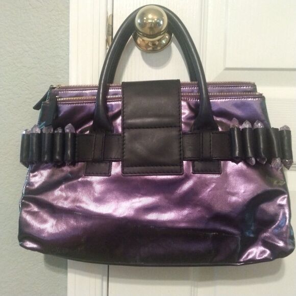 Ports 1961 Purple Metallic Leather Messenger Hand Bag Purse w/ Stone Accent - Picture 5 of 15